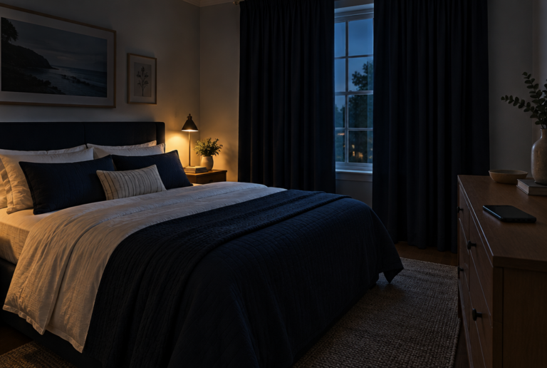 Cool dim bedroom in the evening